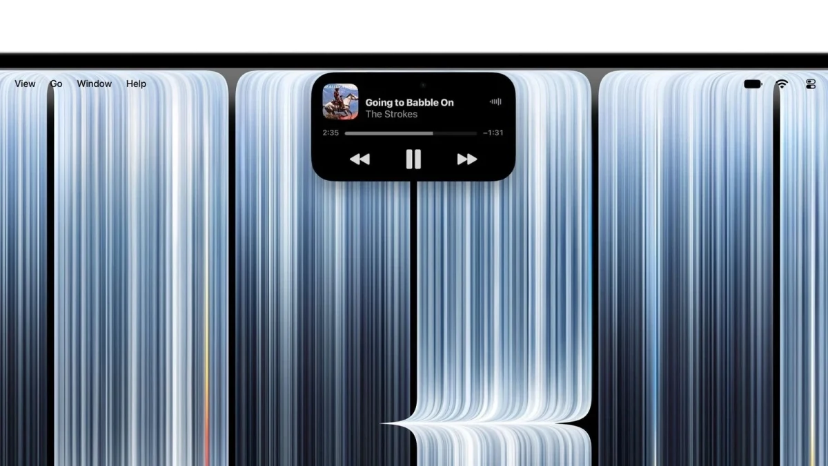 MacBook Pro ekranının üst kısmında müzik bilgileri ve kontrol düğmeleri gösteren Dynamic Island