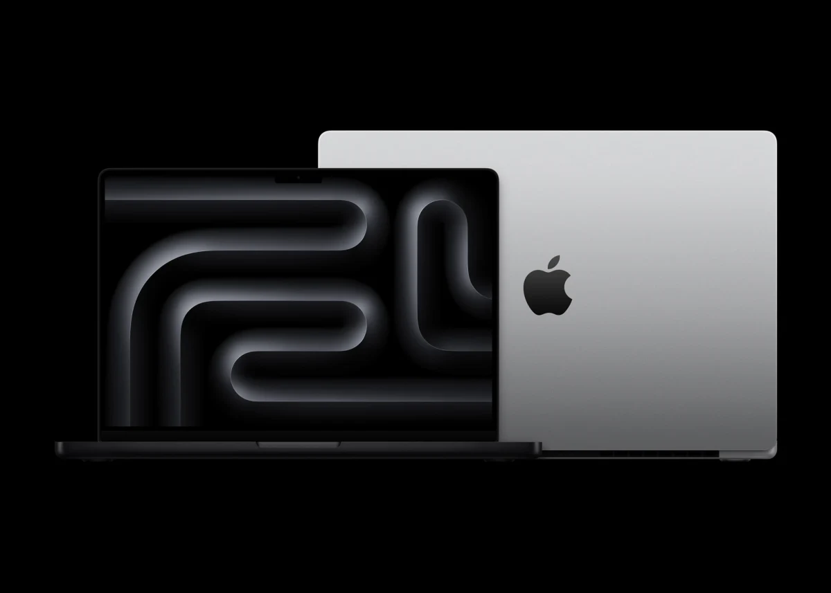 Önden ve arkadan görünümüyle iki MacBook Pro bilgisayar