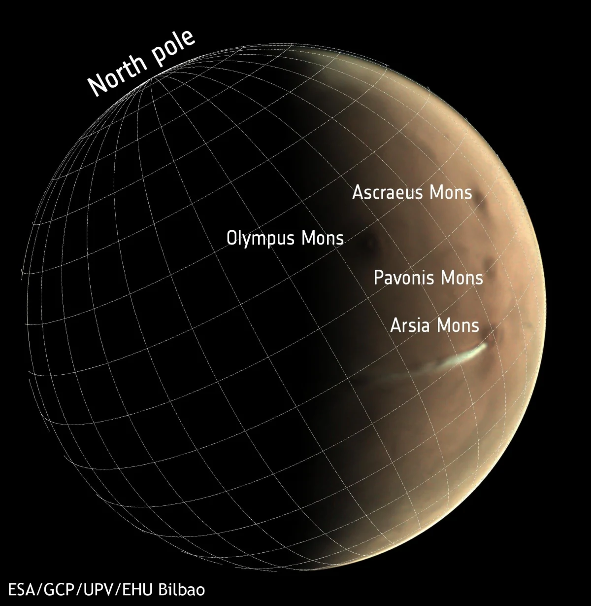 Mars küresi üzerinde Arsia Mons’un konumunu ve uzun bulutu gösteren harita