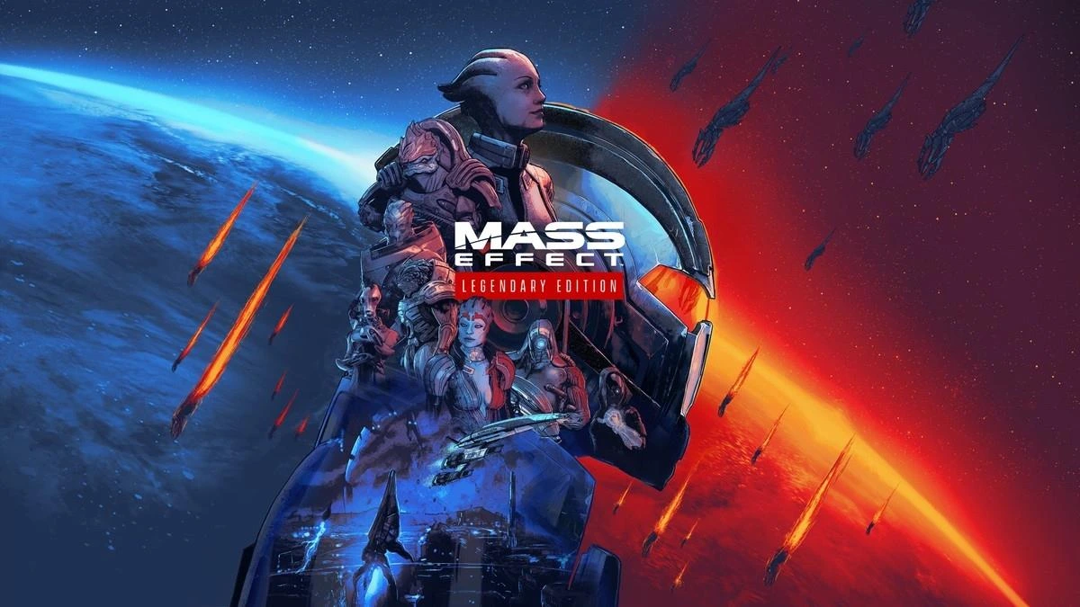 Mass Effect Legendary Edition görselinde uzayda savaşan karakterler ve gemiler