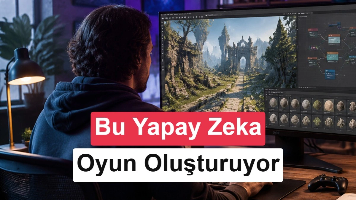 Bir kişinin bilgisayar ekranında oyun dünyası tasarımını incelediği kapak görseli