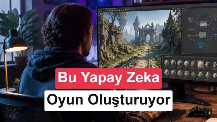 Bir kişinin bilgisayar ekranında oyun dünyası tasarımını incelediği kapak görseli