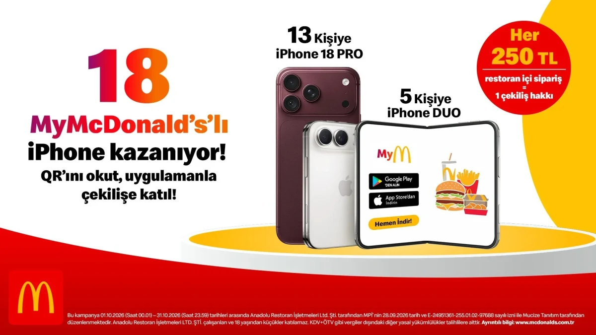 McDonald’s Türkiye’nin Ekim çekilişinde 13 iPhone 18 Pro ve 5 iPhone Duo ödül olarak gösteriliyor