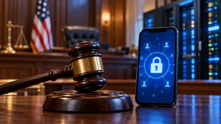 Mahkeme salonunda tokmak ve ABD bayrağı yanında, ekranında kilit simgesi bulunan akıllı telefon