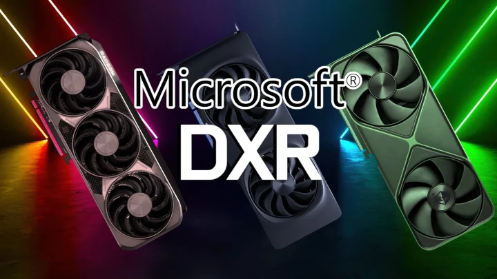 Microsoft DXR yazısı ve farklı ekran kartlarıyla hazırlanan teknoloji görseli