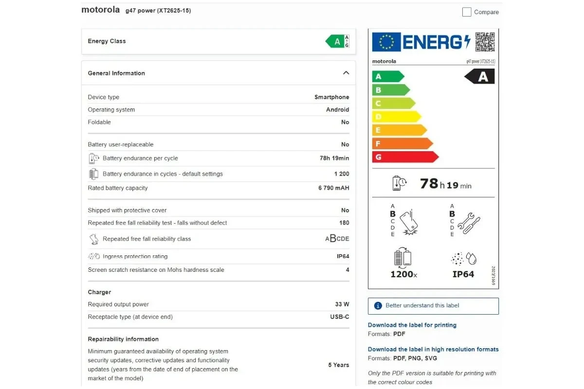 Moto G47 Power için Avrupa enerji etiketi ve ürün bilgilerini gösteren kayıt ekranı