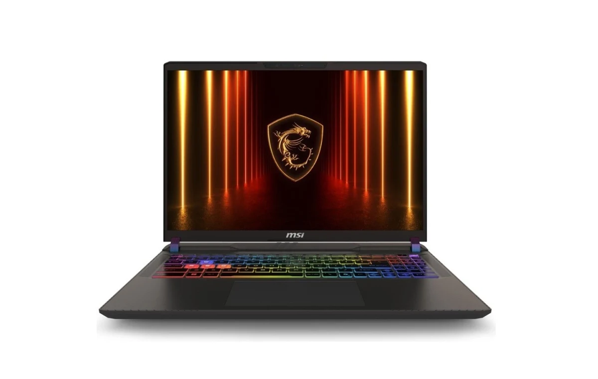 Ekranında MSI logosu ve turuncu ışık görseli bulunan MSI dizüstü bilgisayar