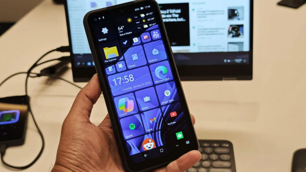 Bir kişinin elinde tuttuğu akıllı telefonun ekranında uygulama simgeleri görünüyor; arka planda bilgisayar ekranı ve klavye bulunuyor.