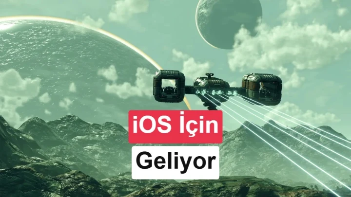 No Man’s Sky’ın iOS için geleceğini duyuran kapak görseli; uzay gemileri ve iOS için geliyor yazısı