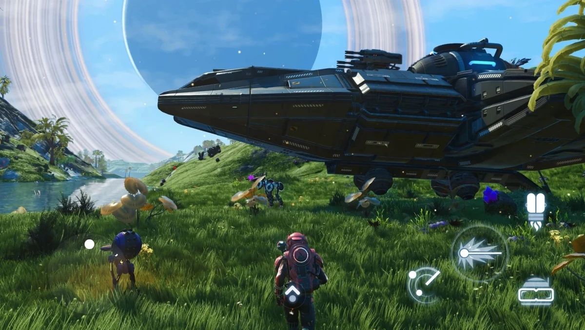 No Man’s Sky’da bir gezegende büyük bir uzay gemisi ve dokunmatik kontrol simgeleri