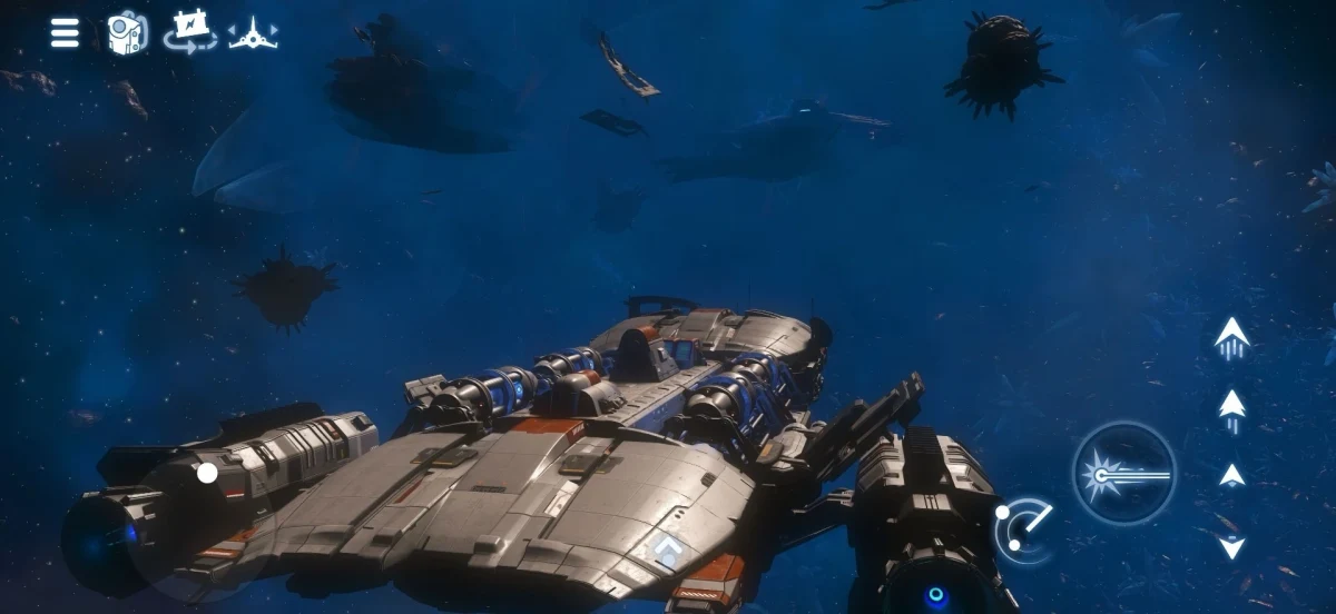 No Man’s Sky’da uzay gemisinin kokpitinden görülen uzay sahnesi ve dokunmatik kontrol simgeleri