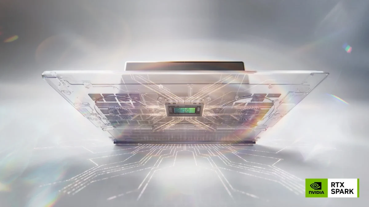 Nvidia RTX Spark işlemcisini temsil eden, iç bileşenleri ışık efektleriyle gösterilmiş dizüstü bilgisayar görseli