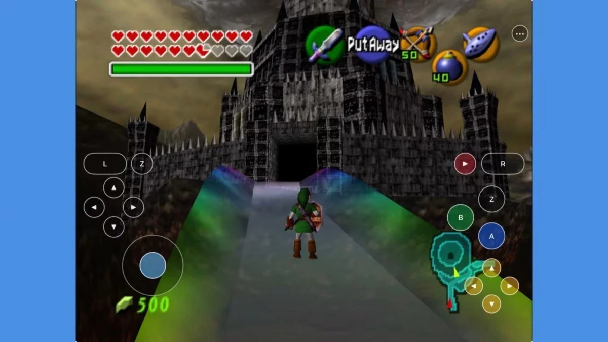 Ocarina of Time’ın iPhone ve iPad’de dokunmatik kontrollerle oynandığı oyun görüntüsü
