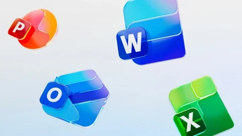 PowerPoint, Word, Outlook ve Excel uygulamalarını temsil eden renkli simgeler