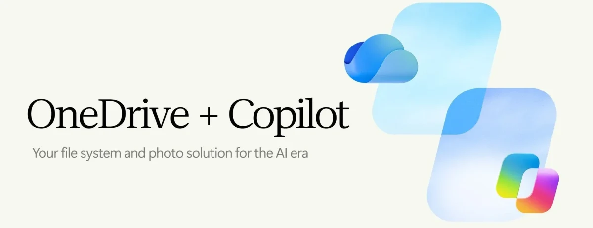 OneDrive + Copilot tanıtım görselinde OneDrive logosu ve Microsoft Copilot simgesi