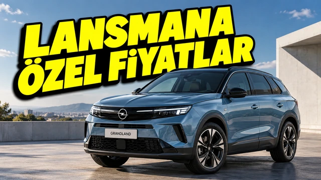 Lansmana özel fiyatlar yazısının önünde mavi Opel Grandland