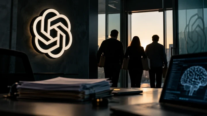 OpenAI logosunun yer aldığı bir ofis ortamı; cam kapıya doğru ilerleyen üç kişinin siluetleri görülüyor.
