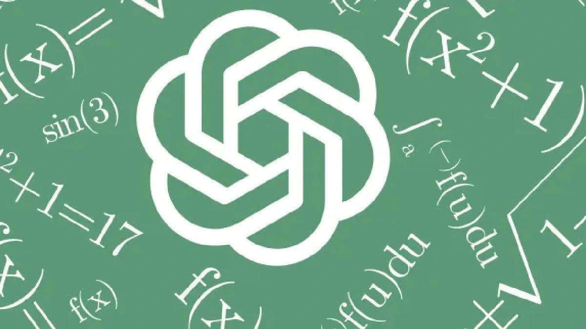 Matematiksel ifadelerle çevrili yeşil fonda beyaz OpenAI logosu