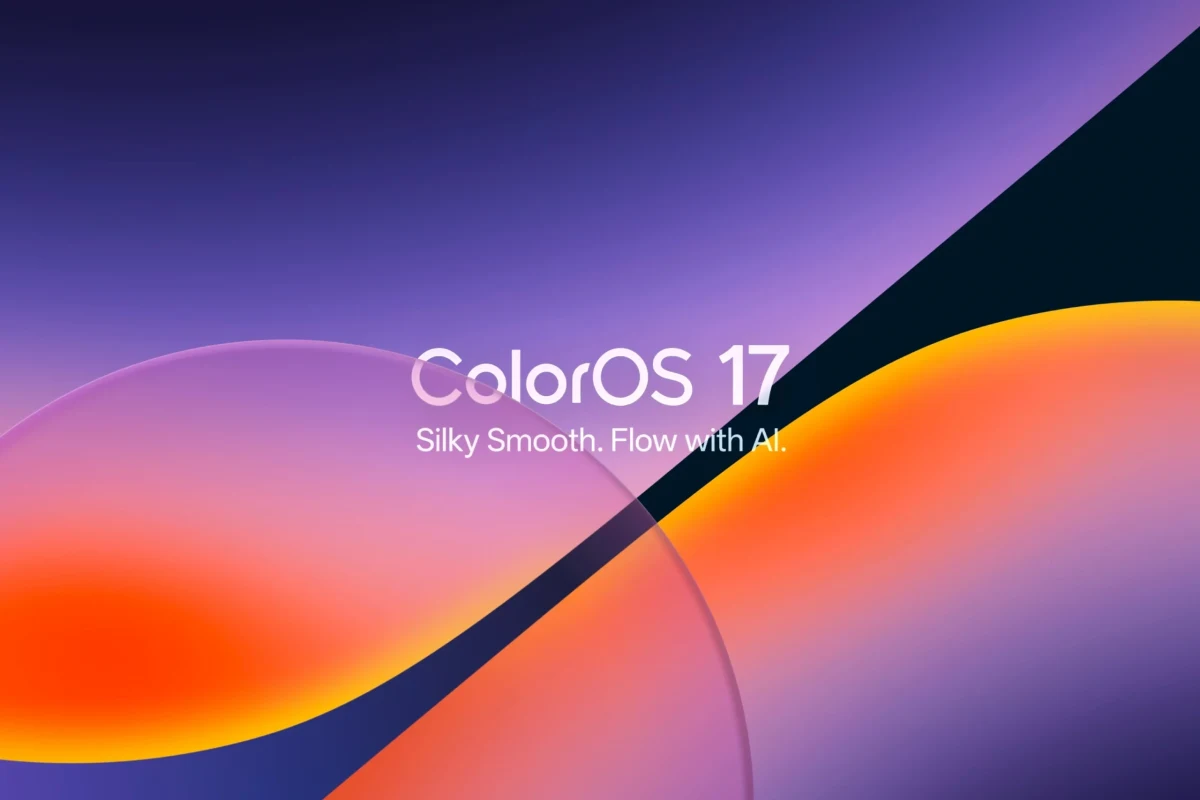 ColorOS 17 yazısı ve arayüzü temsil eden mor, turuncu ve lacivert renkli soyut tasarım