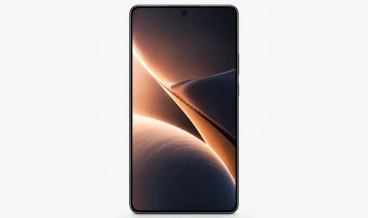 Önden görünen, ekranında soyut duvar kâğıdı bulunan akıllı telefon
