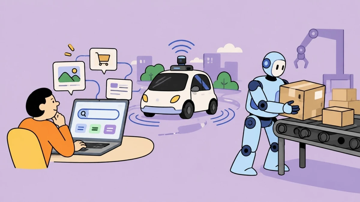 Bilgisayar kullanan bir kişi, otonom araç ve üretim hattında çalışan robotlar