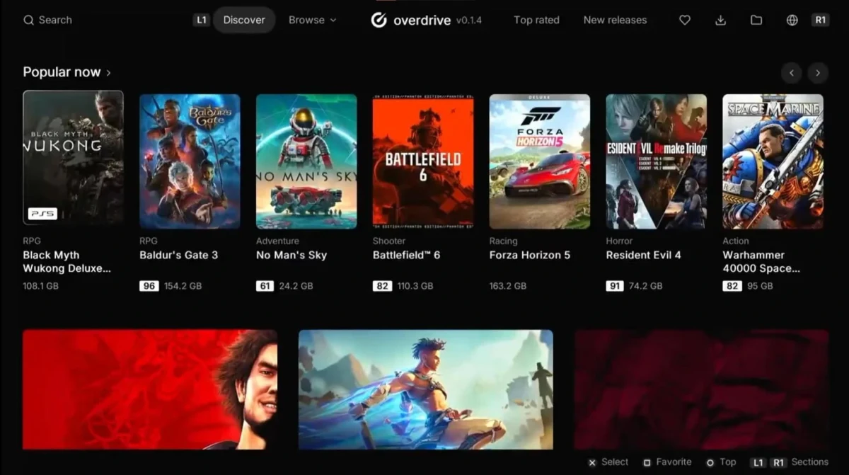 Overdrive arayüzünde listelenen PS4 ve PS5 oyunları