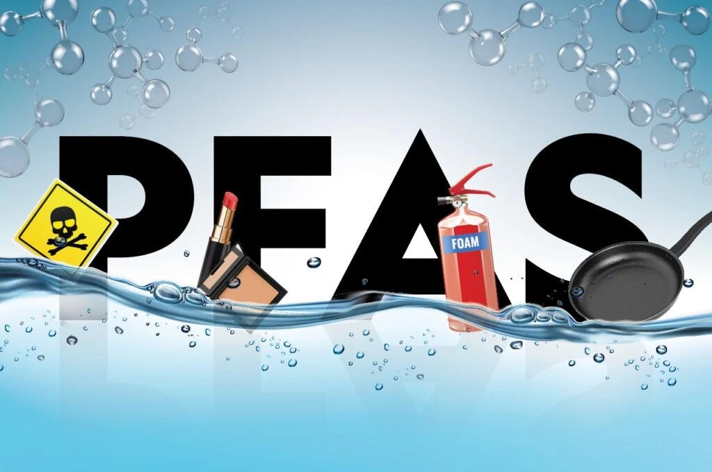 PFAS yazısı; su, kafatası ve kemik simgeli uyarı levhası, ruj, yangın söndürücü ve tava görselleriyle birlikte gösteriliyor