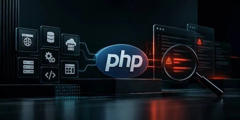 PHP logosu, web uygulaması simgeleri ve güvenlik uyarılarını gösteren illüstrasyon