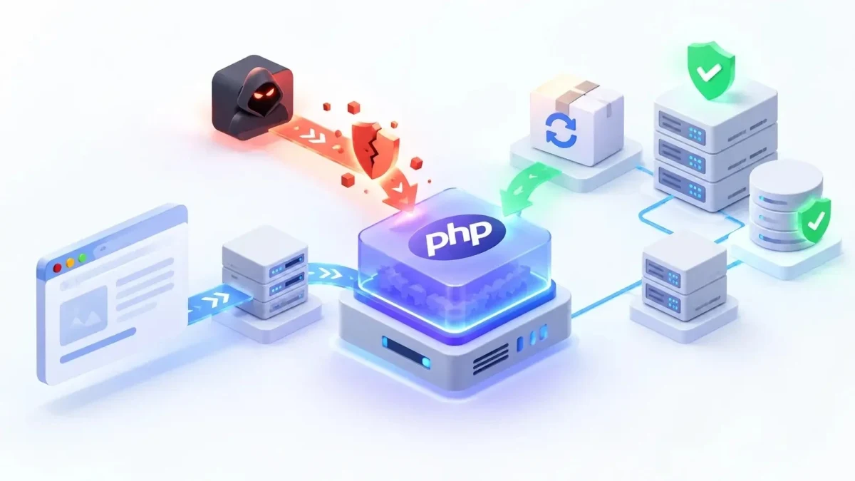 PHP merkezli sunucu ağına yönelen saldırı ve güvenlik işaretleri illüstrasyonu