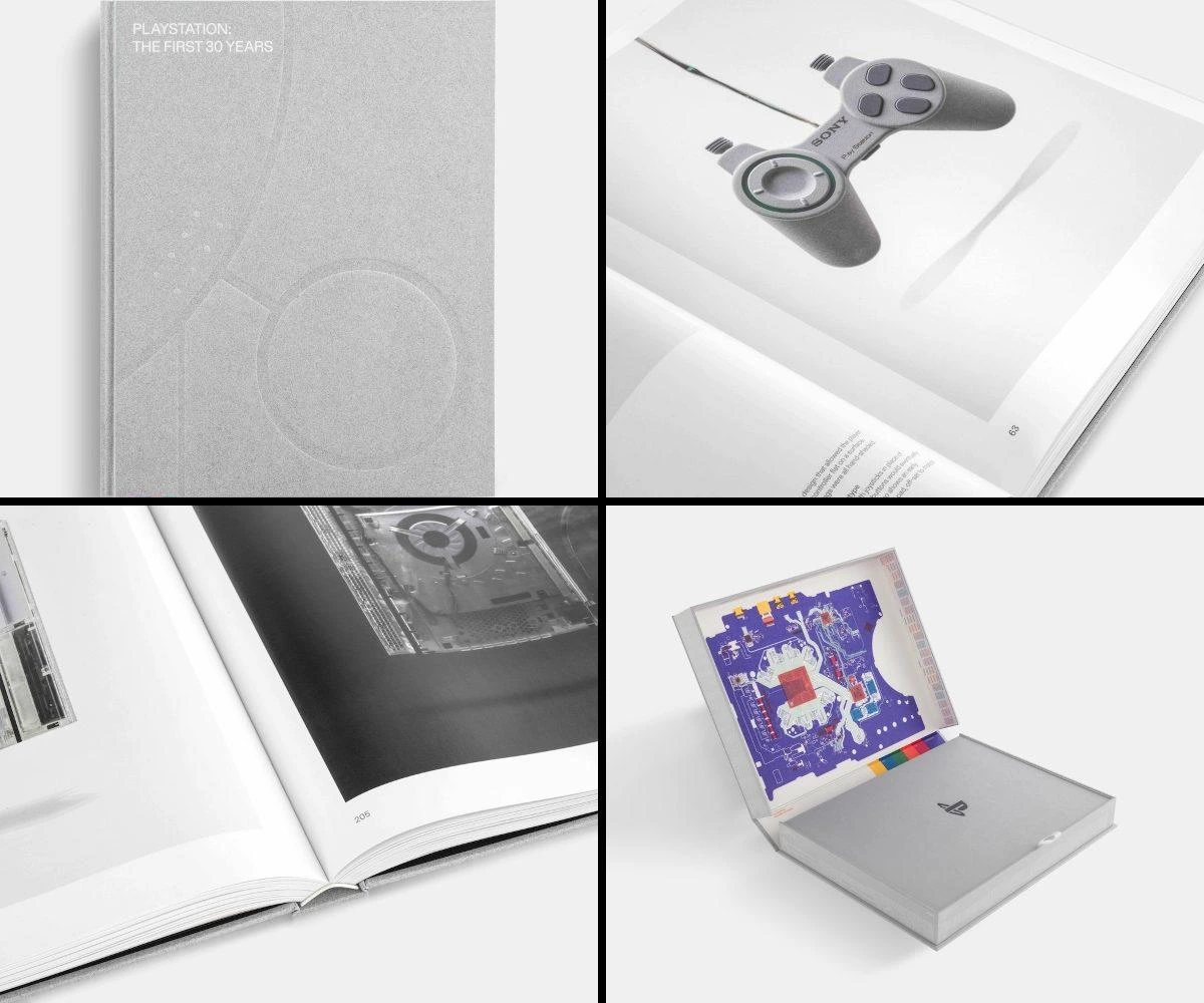PlayStation tarih kitabından sayfalar, bir kontrolcü çizimi ve özel kutu