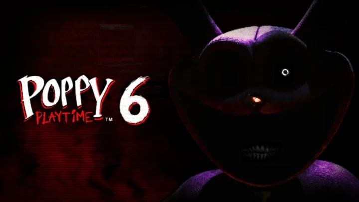 Poppy Playtime 6 logosu ve karanlıkta görünen bir karakter