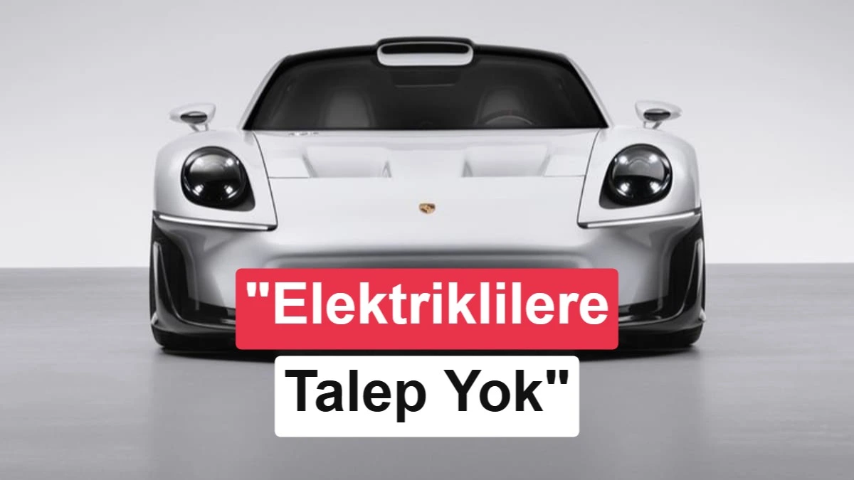 Beyaz Porsche konsept otomobilinin önünde elektrikli otomobillere talep olmadığı mesajı yer alıyor