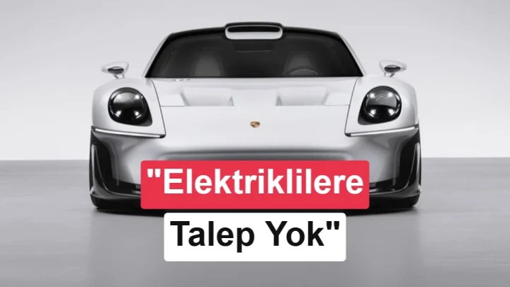 Beyaz Porsche konsept otomobilinin önünde elektrikli otomobillere talep olmadığı mesajı yer alıyor