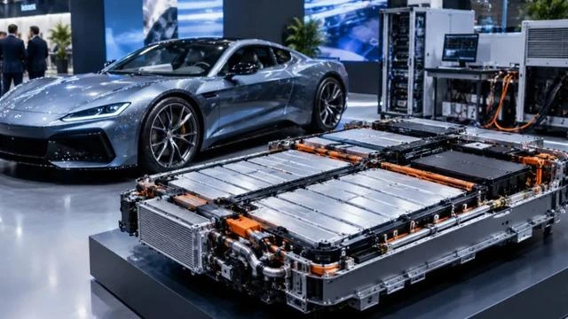 Elektrikli otomobilin yanında sergilenen batarya paketi
