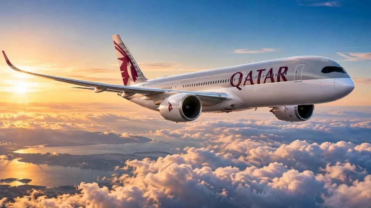 Gün batımında bulutların üzerinde uçan Qatar Airways yolcu uçağı