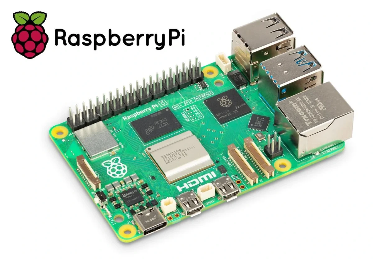 Raspberry Pi logosunun yanında yeşil bir geliştirme kartı