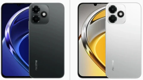 Realme P4s Lite telefonun siyah ve beyaz renk seçeneklerinin ön ve arka görünümleri