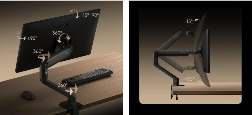 Redmi Monitor Arm kolunun monitörü farklı açılarda konumlandırma hareketlerini gösteren ürün görseli