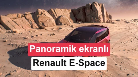 Çöl manzarasında Renault E-Space Concept ve panoramik ekran tanıtım yazısı