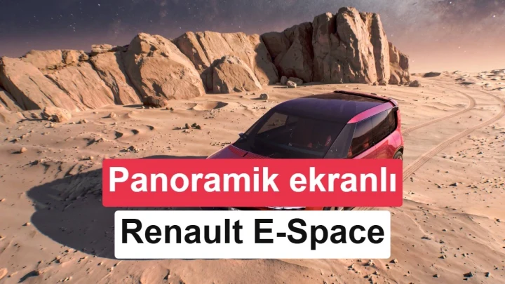 Çöl manzarasında Renault E-Space Concept ve panoramik ekran tanıtım yazısı