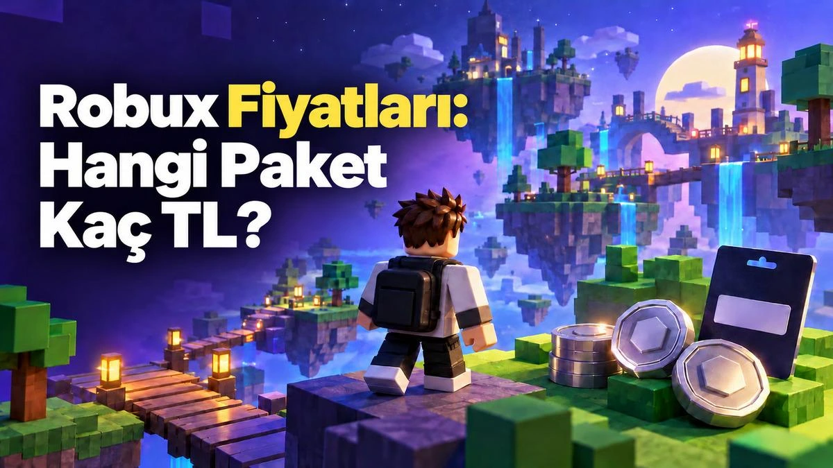 Roblox temalı blok dünyasında Robux fiyatları başlığı, karakter ve Robux simgeleri