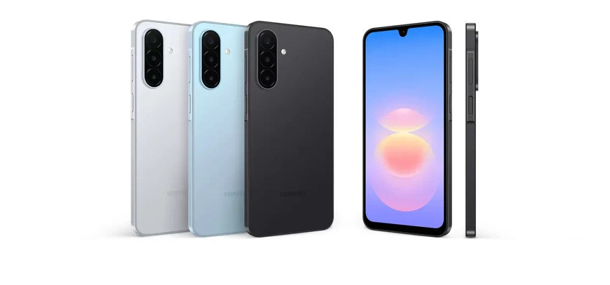 Samsung Galaxy A18 4G telefonun gümüş, açık mavi ve siyah renk seçenekleri ile ön ve yan görünümü