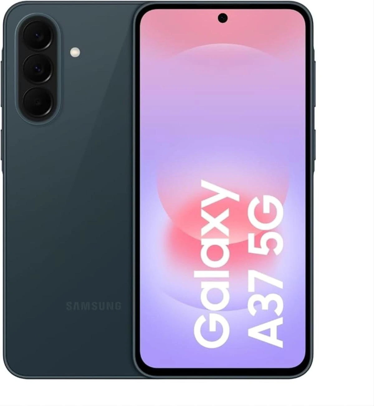Koyu renkli Samsung Galaxy A37 5G telefonun ön ve arka yüzü
