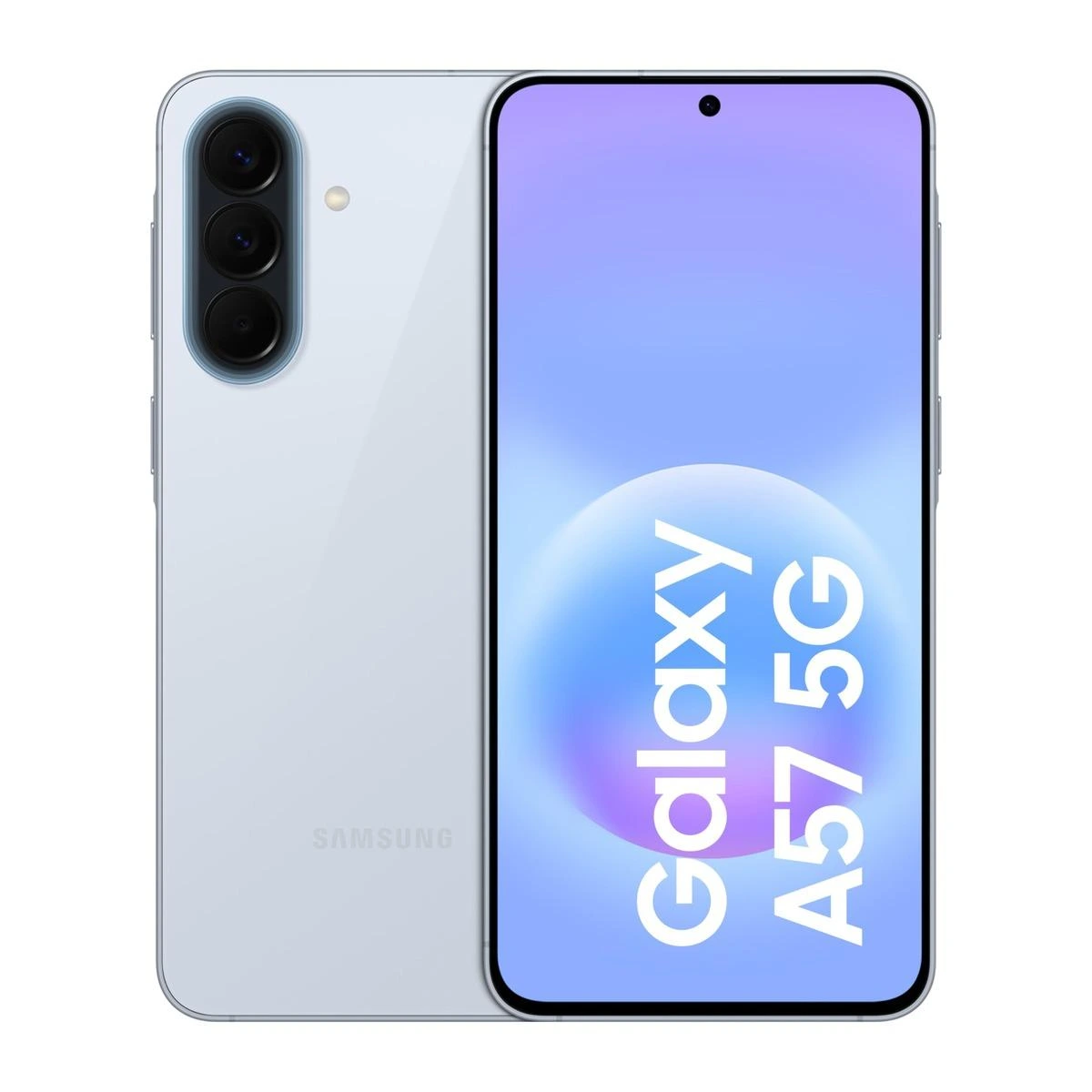 Açık renkli Samsung Galaxy A57 5G telefonun ön ve arka yüzü