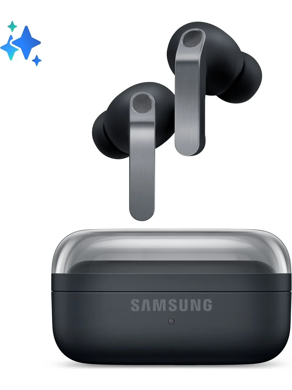 Şarj kutusuyla birlikte siyah Samsung Galaxy Buds4 Pro kulaklıklar
