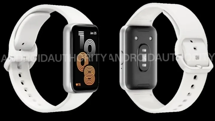 Sızdırılan görselde beyaz kayışlı Galaxy Fit 4 olduğu öne sürülen bilekliğin ön ve arka görünümü