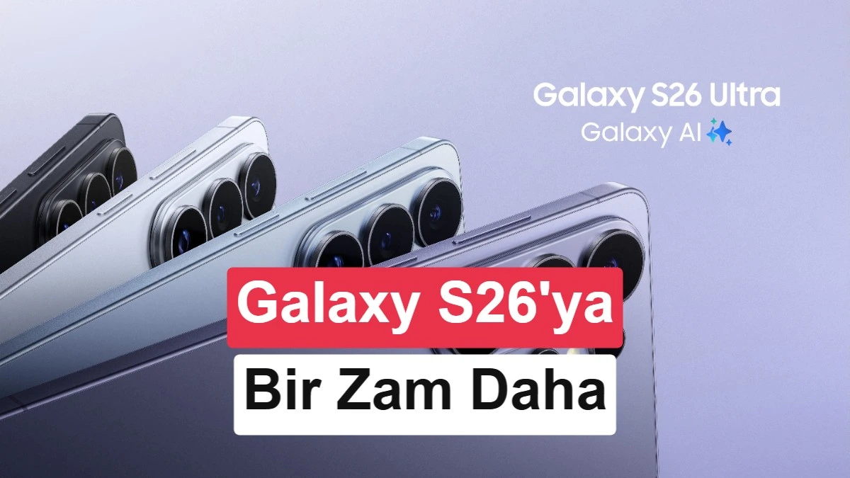 Mor, gri ve açık renklerde dört Samsung Galaxy S26 telefonu yan yana duruyor