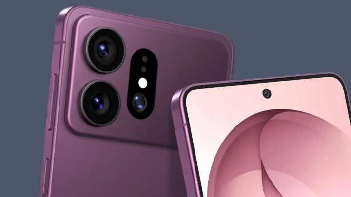 Mor renkli bir akıllı telefonun arka ve ön yüzünü gösteren tanıtım görseli