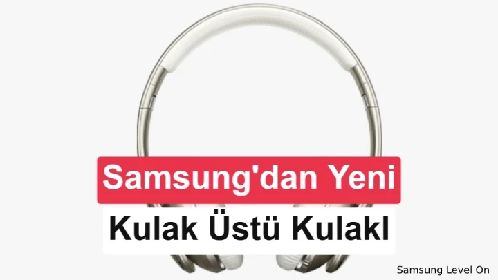 Samsung markalı, açık renkli kulak üstü kulaklık tasarımını gösteren görsel
