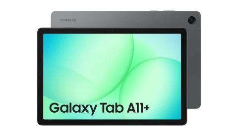 Gri Samsung Galaxy Tab A11+ tabletin ön ve arka görünümü